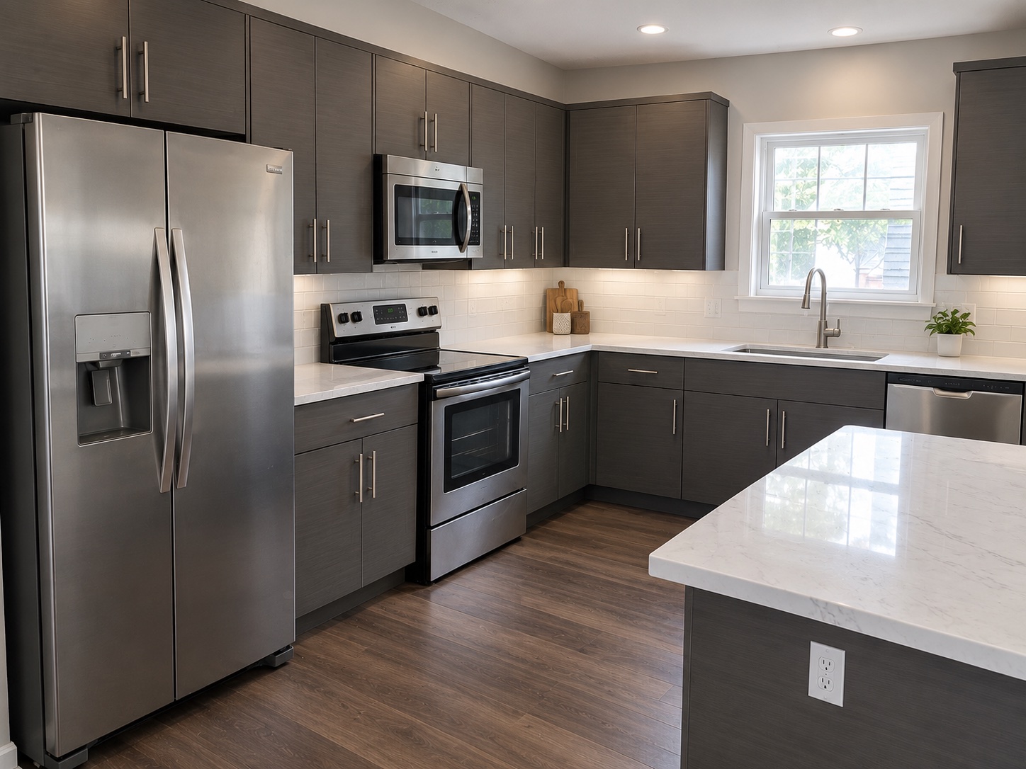 The kitchen after: dark grey wrapped cabinets and a white worktop
